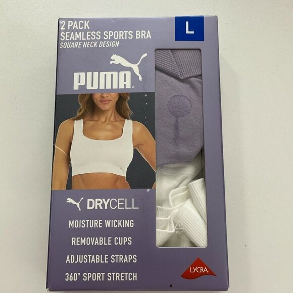 NEW Puma Women's L 2 Pack White Purple Seamless Sports Bra Square Neck - Picture 1 of 8